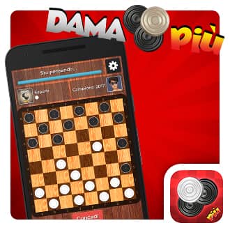 Immagine che mostra il logo della Dama Più e un cellulare col gioco della Dama sullo schermo.