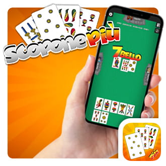 Immagine che mostra il logo dello Scopone Più e una mano che tiene un telefono cellulare col gioco dello Scopone sul suo schermo.
