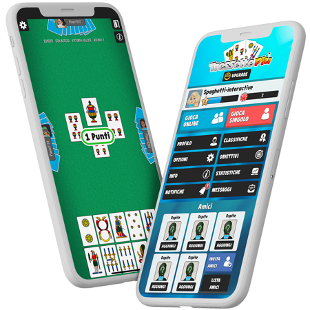 Immagine che mostra due dispositivi mobili col gioco di Tressette Più sui loro schermi.