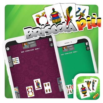 Immagine che mostra il logo della Briscola Più e due dispositivi mobili col gioco della Briscola sui loro schermi.