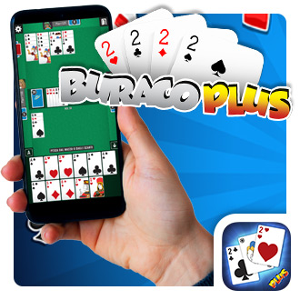 Immagine che mostra il logo del Buraco Plus e una mano che tiene un telefono cellulare col gioco del Buraco sullo schermo.