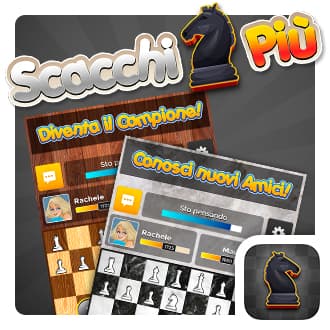 Immagine che mostra il logo di Scacchi Più e due schermate che mostrano una partita a scacchi.