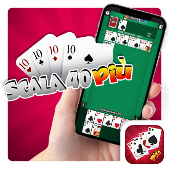 Immagine che mostra il logo della Scala 40 Più e una mano che tiene un telefono cellulare col gioco della Scala 40 sullo schermo.