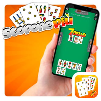 Immagine che mostra il logo dello Scopone Più e una mano che tiene un telefono cellulare col gioco dello Scopone sul suo schermo.