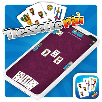 Immagine che mostra il logo del Tressette Più e un cellulare col gioco del Tressette sul suo schermo.